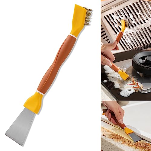 Image of Copper Wire Brush with Scraper - 2-in-1 Dual-Head Cleaning Tool for Kitchen, Bathroom, Garage and More - Ergonomic TPR Handle (Yellow)