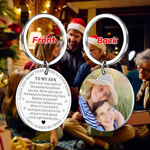to My Son Gifts from Mom Dad, Easter Basket Stuffer for Teen Boys, Gifts for Son Keychain, Gag Gift, Double-sided (Customized Photos, silver)4