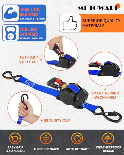 Image of METOWARE Retractable Ratchet Straps (4-Pack) - 1 in x 10 Ft (1500lb Break Strength) - Heavy Duty Auto Self Retracting Tie Down Straps for Truck, Trailer, Cargo Van, Motorcycle - Blue