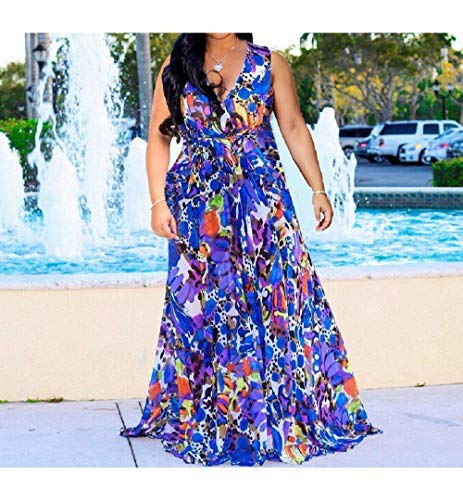 Image of Womens Chiffon Deep V-Neck Printed Floral Maxi Dress Sleeveless Dresses High Waisted Plus Size Red