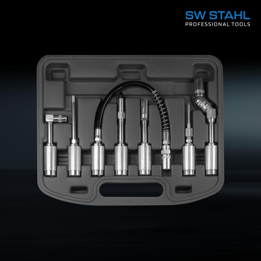 SW STAHL Kit d'Accessoires pour Pompe à Graisse, 7 Pièces, 64315L | Comprend un adaptateur à 360°, un embout d'aiguille, un raccord à 90°, une rallonge de tuyau de 300 mm et un embout en