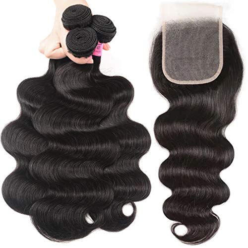 Image of UNice Hair Malaysian Body Wave Hair 3 Bundles with Free Part 4x4 Lace Closure, 100% Unprocessed Virgin Human Hair Weave Extensions Natural Color(16 18 20+14Closure)
