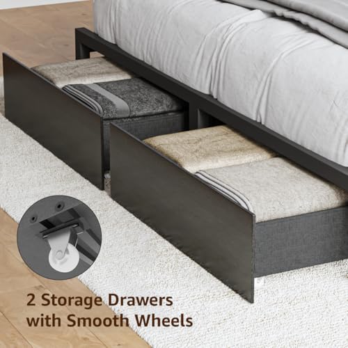 Queen Size Black Bed Frame with 4 Storage, Upholstered Velvet Platform Bed Frames with Button Tufted Headboard Led Lights, Wooden Slats Support, No Box Spring Needed, Black - Image 7
