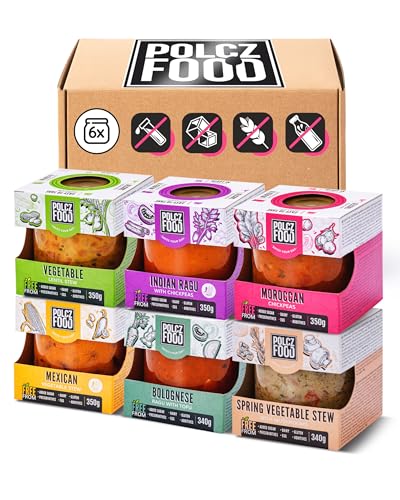 POLCZ Eintopf Fertiggerichte 6er Vegan Paket [in 2 Minuten fertig] Bolognese mit Tofu, indischer Linseneintopf, Frühlingsragout, Kichererbsen & Bohneneintopf - ohne Gluten, Zuckerzusatz, Milch & Eier