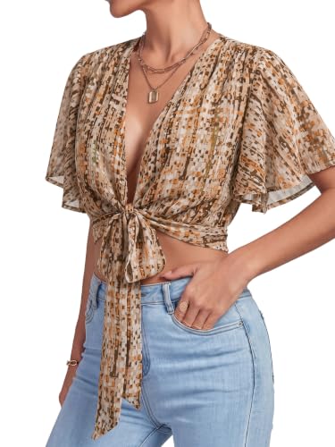 Image of LYANER Women's Tie Front Sexy Crop Tops | Wrap Deep V Neck Ruffle Bell Short Sleeve Y2k Cropped Blouse Shirts