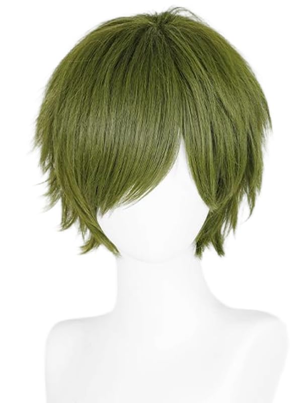 Image of LABEAUTE Unisex Short Dark Green Cosplay Wig Male Man Woman With Bangs Anime Fluffy Cosplay Hair Wigs for Party and Halloween for Gift + Free Cap
