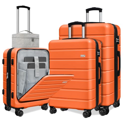 Image of KEYTANG SmileLine 3-Piece Luggage Set Lightweight Hardside Suitcase TSA Lock Spinner Wheels, 20 inch Expandable Carry-On Luggage with Quick Access Front Open Pocket, Bonus Makeup Bag,Orange