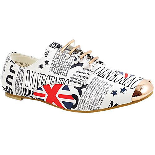 Bonabella sapato feminino com cadarço liso e bandeira da Grã-Bretanha Oxford, Branco, 10