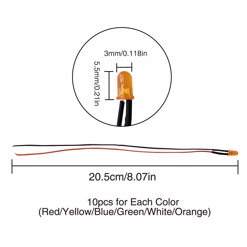 YIXISI 60 Sztuk 3mm Diody LED Light 6 Kolorów (Każdy Kolor 10 Sztuk) z Rozproszoną Kolorową Soczewką, Ultra Jasny 12V 20cm Wstępnie Okablowany, Pomarańczowy/Biały/Czerwony/Niebieski/Zielony/Żółty