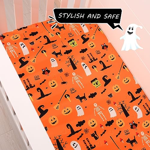 Image of JISEN Baby Crib Sheet 1 Piece Portable Fitted Crib Sheet for Standard Crib and Toddler Mattresses Nursery Bed Decor for Boys Girls 28x52 Halloween Ghost