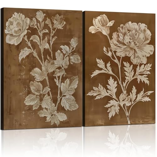 2 Piece Vintage Botanical Floral Wall Art Brown Flowers Wall