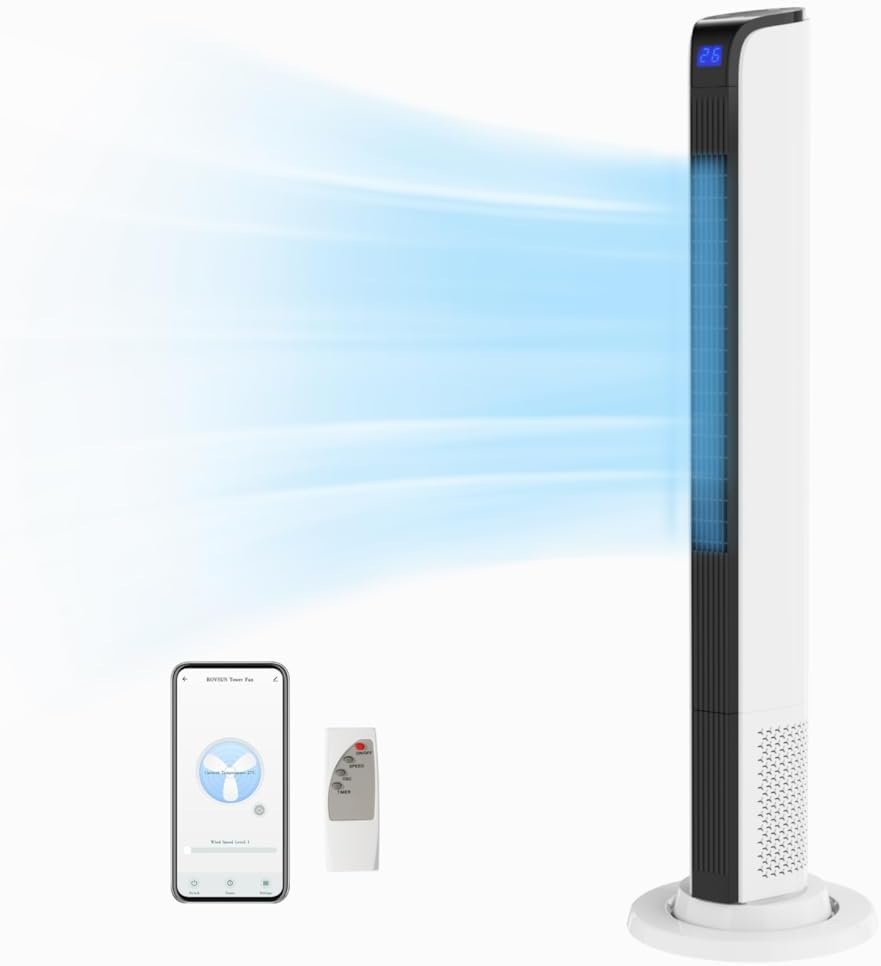ROVSUN 42" Tower Fan with APP & Remote Control, Smart Floor Fan with 3 Modes 3 Speeds & Digital Display, Bladeless Standing Fan with Oscillating, 12H Timer, Quiet Fan for Bedroom, Home, 2-Pack