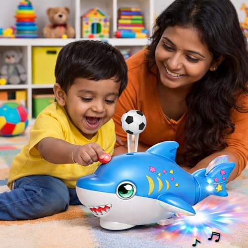 Image of Musical Dancing Shark Toy with Ball Blowing on Air for Kids Moving 360 Degree Rotating Light and Sound Toy with Bump and Go Action for Toddlers Both Boys Girls (Grey or Blue Colour)