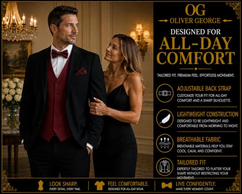 Image of Oliver George 4pc Men's Solid Formal Suit Waistcoat Tuxedo Dress Vest Necktie Bowtie Handkerchief Set for Suit or Tuxedo