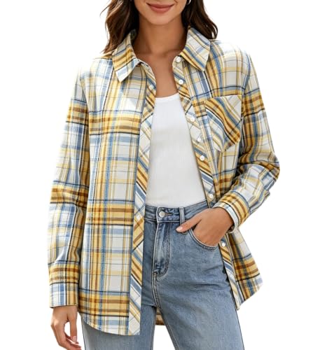 Image of SANGTREE Women and Girls Long Sleeve Flannel Casual Button Down Plaid Shirt