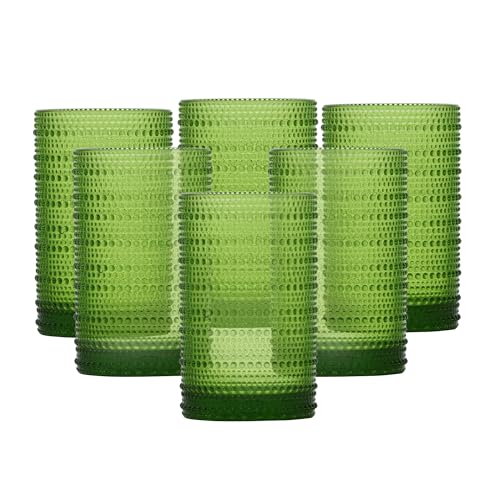 Fortessa Jupiter Beaded Hobnail Glass, 13 Ounce Iced Beverage (Set of 6), Fern Green