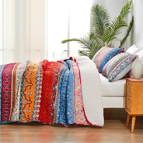WONGS BEDDING Bohemian Quilt Set Queen Size, Boho Striped Pattern Bedspread Set for All Season, Microfiber Lightweight Coverlet Bedding Set 96"x90"(3 Pieces, Colorful) - Image 5