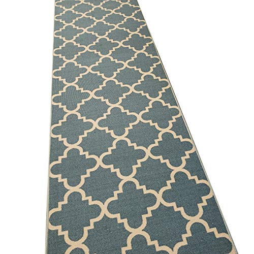Rubber Backed Runner Rug, 22 x 60 inch, Trellis Teal, Non Slip, Kitchen Rugs and Mats