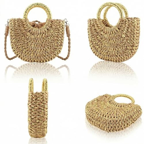 Image of Rattan Handmade Straw Tote Handbag Beach Shoulder Bag Summer Beach Rattan Bag Straw Bag
