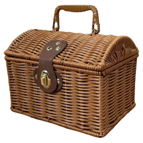 Cesta de Mimbre para Picnic, Cesta de Mimbre de 8 × 6 Pulgadas con Tapa y asa, Maleta Tejida de Almacenamiento de ratán para Bodas, Fiestas, Viajes, Accesorios de fotografía con Tapa, Picnic pequeño