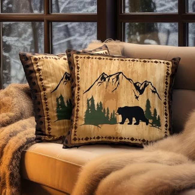 4 Pcs Bear Throw Pillow Covers Soft Black 18'' Rustic Plaid Couch Pillow Covers Bear Graduation Gift Decor for Home Bedroom Cabin Wildlife Print Mountain for Farmhouse