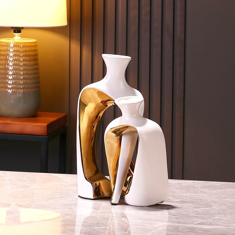 2 Pieces White Gold Ceramic vase Set Home Ceramic Decorative vase furnishings Abstract Decorative vase Office Centerpiece Decoration Suitable for Bookshelves, Fireplace