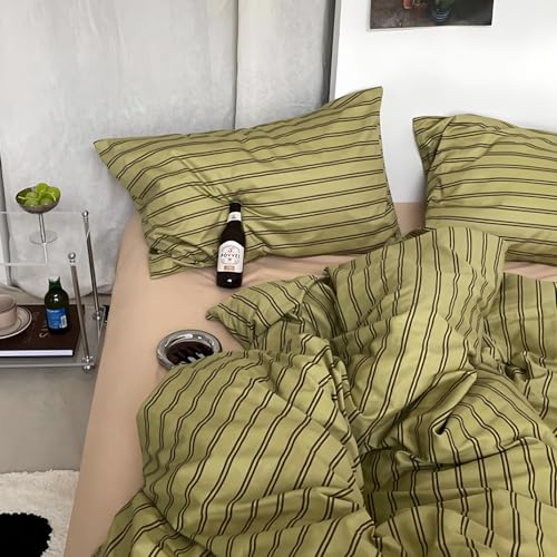 Image of mixinni Vintage Stripes Duvet Cover Set King - 3-Piece Mid-Century Cotton Olive & Taupe Striped Bedding, Soft Breathable All-Season Comforter Cover with Zipper Closure & Corner Ties-King Size