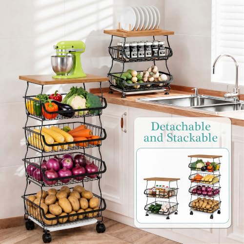 VECELO 5-Tier Fruit Basket with Wheels, Fruit and Vegetable Storage Cart for Kithchen, Stackable Produce Organizer Wire Baskets for Kitchen, Pantry, Living Room by VECELO - Used condition - Image 4