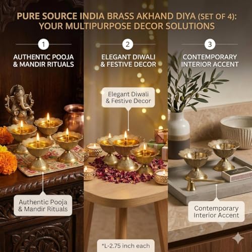 Image of Pure Source India Brass Akhand Diya /Oil Lamp for Pooja, Mandir and Home Decoration (L-2.75inch) 4pcs