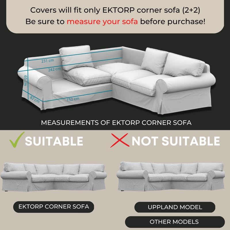 comfortly Cover for Ektorp Corner Sofa 2+2, Replacement Slipcover, Heavy Duty 12 pcs Cover, Soft Durable Washable Fabric, Easy to Clean & Replace (Crown - Black)