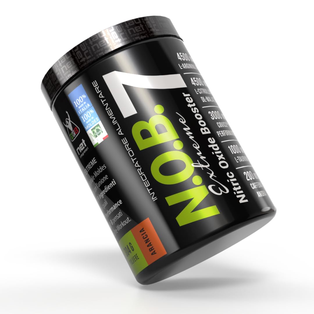 NET Integratori NOB 7 EXTREME - 340g Arancia - Pre Workout A Base Di Arginina - Aumento Energia e Crescita Muscolare, Maggiore sintesi Ossido Nitrico, Formula Potenziata Con Acqua Di Cocco
