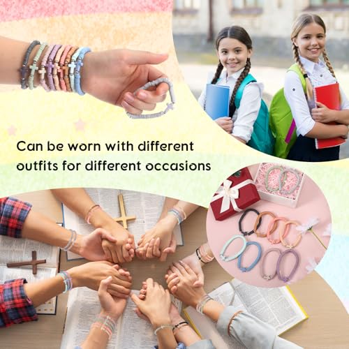 30 Pcs Cross Bracelets Bulk Jesus Bracelets Handmade Elastic Colorful Polymer Clay Beaded Religious Wristbands Christian Wristbands for Women Kids Sunday Halloween Christmas 6