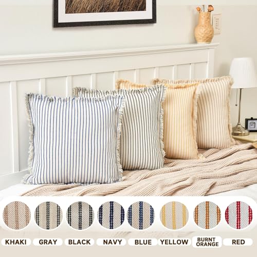 Image of ZWJD Throw Pillow Covers 24x24 Set of 2 Striped Pillow Covers with Fringe Chic Cotton Decorative Pillows Square Cushion Covers for Sofa Couch Bed Living Room Farmhouse Decor, (Navy)