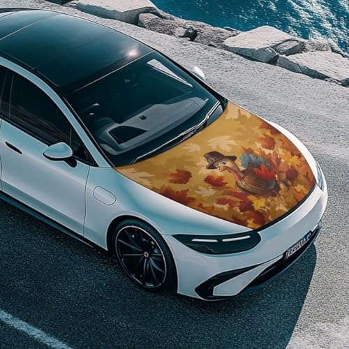 Image of 59x39 Inch Hood Cover for Compact Sedan SUV Trucks Stretchable Car Hood Wrap Blankets Auto Banner Waterproof Auto Exterior Accessories (Thanksgiving Maple Leaf Turkey Print)