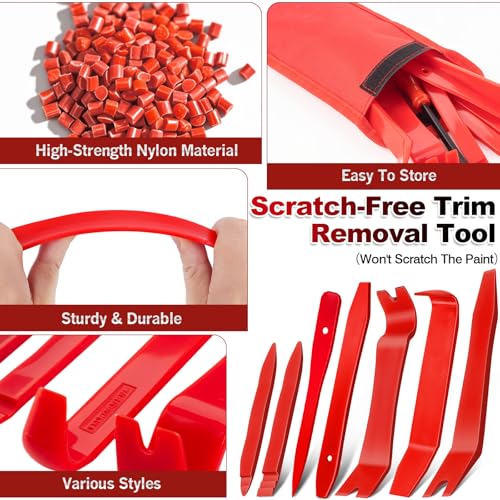 Image of Keze 8 Pcs Auto Trim Removal Tool Kit with Non-Scratch Plastic Pry Tool & Fastener Clip Removal Tool Set for Car Panel Dashboard Door Clips and Upholstery Trim-Red