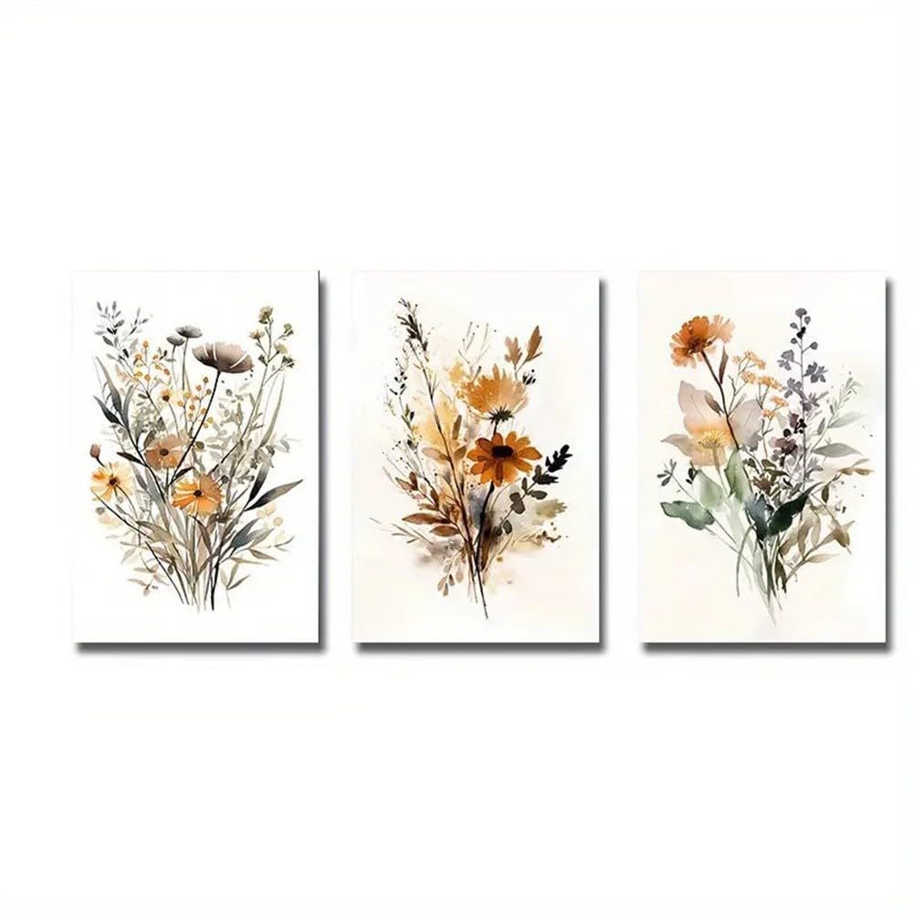 Wbyzac Green Art Prints-Canvas Poster, Wildflower Art Painting Boho, Watercolor Flower Botanical Poster, For Bedroom Living Room Kitchen Corridor, Wall Art Decoration-50 * 60Cm*3Pcs (No Frame)