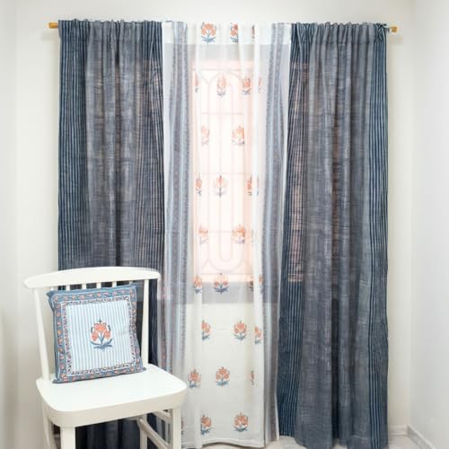 Image of Peepul Tree Pure Cotton and fine Mulmul Curtain Set of 2 Handwoven and 1 Sheer Curtain | Blue and Dusty Pink | 8 ft| Set of 3 | Royal Courtyards Collection