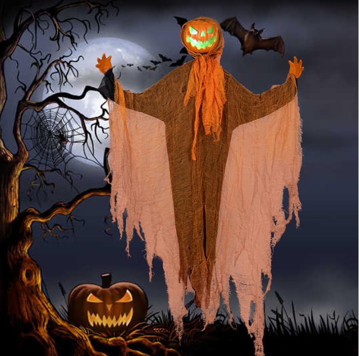 Halloween Decoration Outdoor Hanging Ghost Pumpkin with Rotatable Head and Bendable Arms, Scary Glowing Pumpkin Animated Props with Color Lighted Eyes for Halloween Lawn Party Haunted house Decor