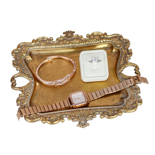 Image of Funly mee Antique Trinket Dish Vintage Metal Jewelry Tray, Wedding Ring & Necklace Holder -8 x 7 inches (Gold, M)