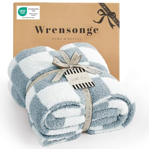 Image of WRENSONGE Checkered Throw Blanket, Grey Blue Soft Cozy Fluffy Warm Hand Made Throw Blankets for Couch, Sofa, Chair, Bed, Camping, Picnic, Travel Lightweight Bed Blanket - 50"*70"