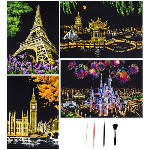 Scratch Art Paper, Scratch Art for Adults, Night View Scratchboard Pads Painting Landscape Scratchboard Crafts Kit DIY Art, 4 Sheets Scratch Decorative Painting & Drawing Pen, Clean Brush