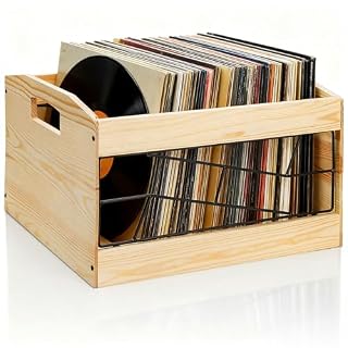 Vinyl Record Storage Crate, Wooden Record Holder with Handle, Holds up to 70+ Albums, Natural Cube CD Albums Shelf Organize Box, File Organizer Rack for Desktop, Home, Office - Les Beatles, Paul McCartney, John Lennon, RIngo Starr, George Harrison