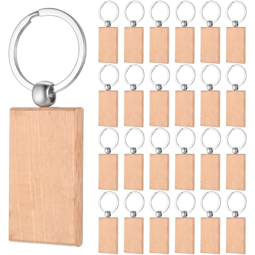 DAJMAIEZ 25 pezzi portachiavi in legno grezzo, forma rettangolare allungata con angoli retti, ideali per decorazioni fai-da-te, dipingere, scrivere, regali e portachiavi personalizzati.