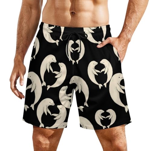 Beluga Whales Love Heart Beach Shorts for Men Swim Trunks Quick Dry Swim Shorts with Compression Liner Pocket