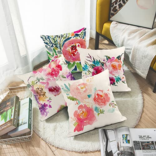 Emvency Set Of 4 Throw Pillow Covers Peonies Summer Watercolor Floral Pink Purple Flower Girly Pastel Mint Colorful Decorative Pillow Cases Home Decor Square 18X18 Inches Pillowcases #TOP5