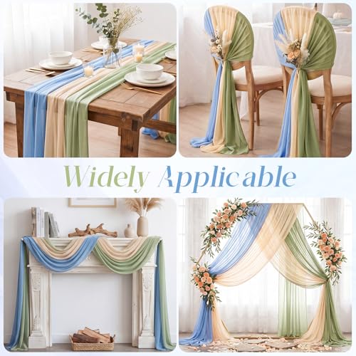 Image of Sage Green and Dusty Blue Wedding Arch Draping Fabric 3 Panels 2.46 x 20 FT Sheer Chiffon Backdrop in Blue, Green, and Champagne for Wedding Ceremony, Birthday, and Outdoor Party Decoration