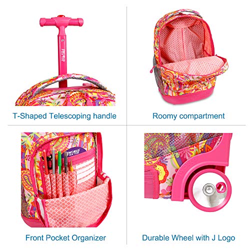 Image of J World Sunrise Kids Rolling Backpack with Wheels for Girls Boys, Roller Bookbag for School, 18 x 13 x 9 Inches, Pink Paisley