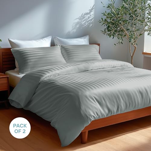 Image of Blue Dahlia 100% Cotton, Standard Size Pillow Covers (18 inch x 28 inch), Set of 2 Pillow Covers, Silky Smooth Feel, 300TC Self Striped Premium Pillow Covers,Colour: Grey