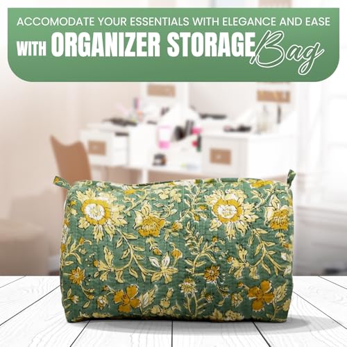 Cotton Hand Block Floral Print Toiletry Bag For Women Make Up Cosmetic Bag Jewelry Organizer Kit Storage Case Travel Accessories Essential Toiletries Purse Pouch (Green - Set of 3, Small Medium Large)2