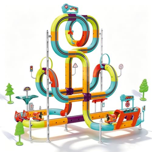 Electric Train Set for Kids - 138PCS Flexible Racing Track Sets with 2 Gravity-Defying Trains, STEM Train Set Learning Toys Birthday Gifts for Boys Girls Age 3 4 5 6 7 8 Years Old